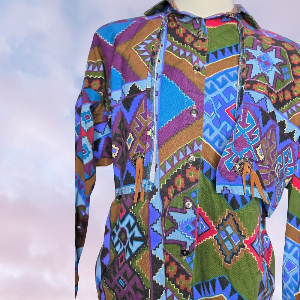 Vtg Circle T by Marilyn Lenon Southwest Aztec Cotton Shirt Jacket Womens Medium - Picture 3 of 7